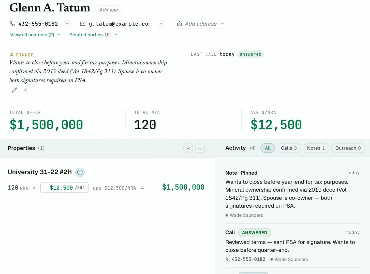 A Scout owner record — total offer, NRA, $/NRA, a pinned note, and the call activity log