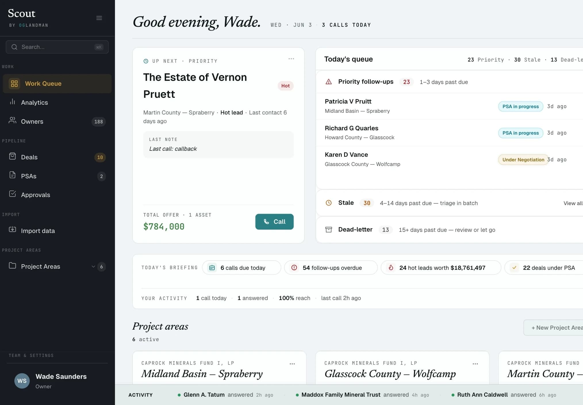 Scout dashboard — the morning desk: up-next priority owner, the call queue, today's briefing, and project areas