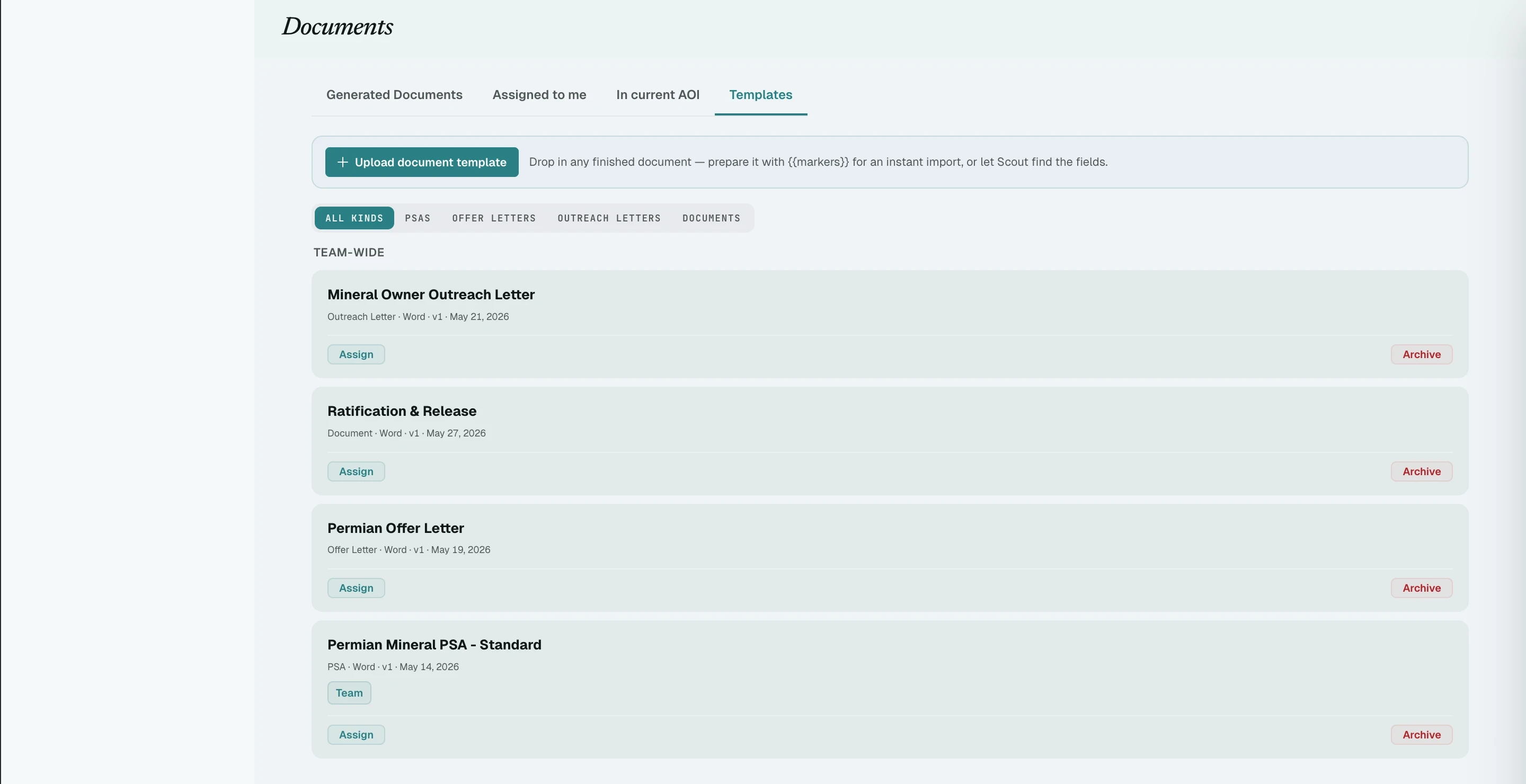 Scout's Documents templates view with kind chips for PSAs, offer letters, outreach letters, and documents, plus an upload-your-own-template control