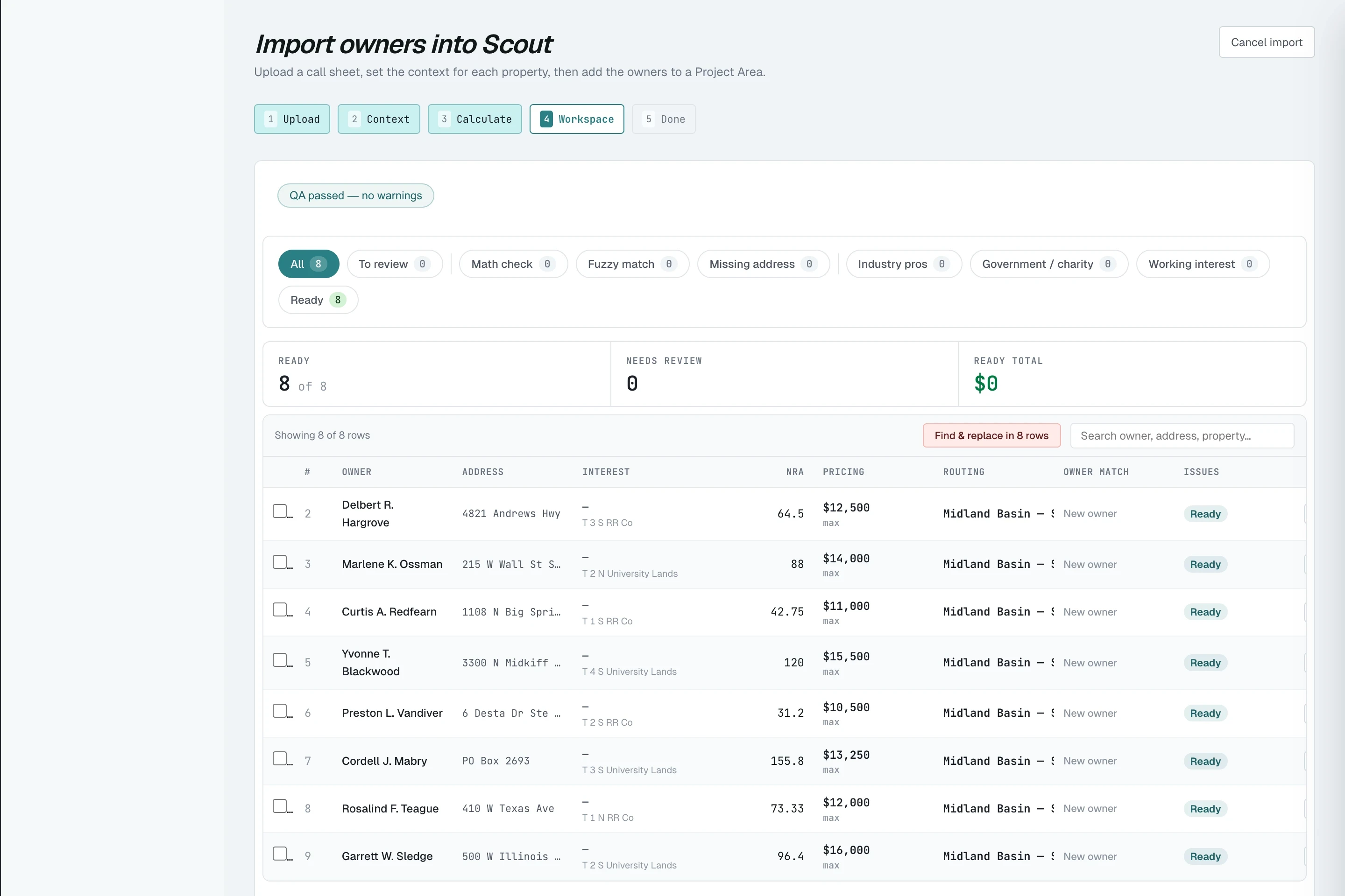 Scout's import workspace with eight owners checked and ready to commit, each row carrying its NRA, max $/NRA, and project-area routing
