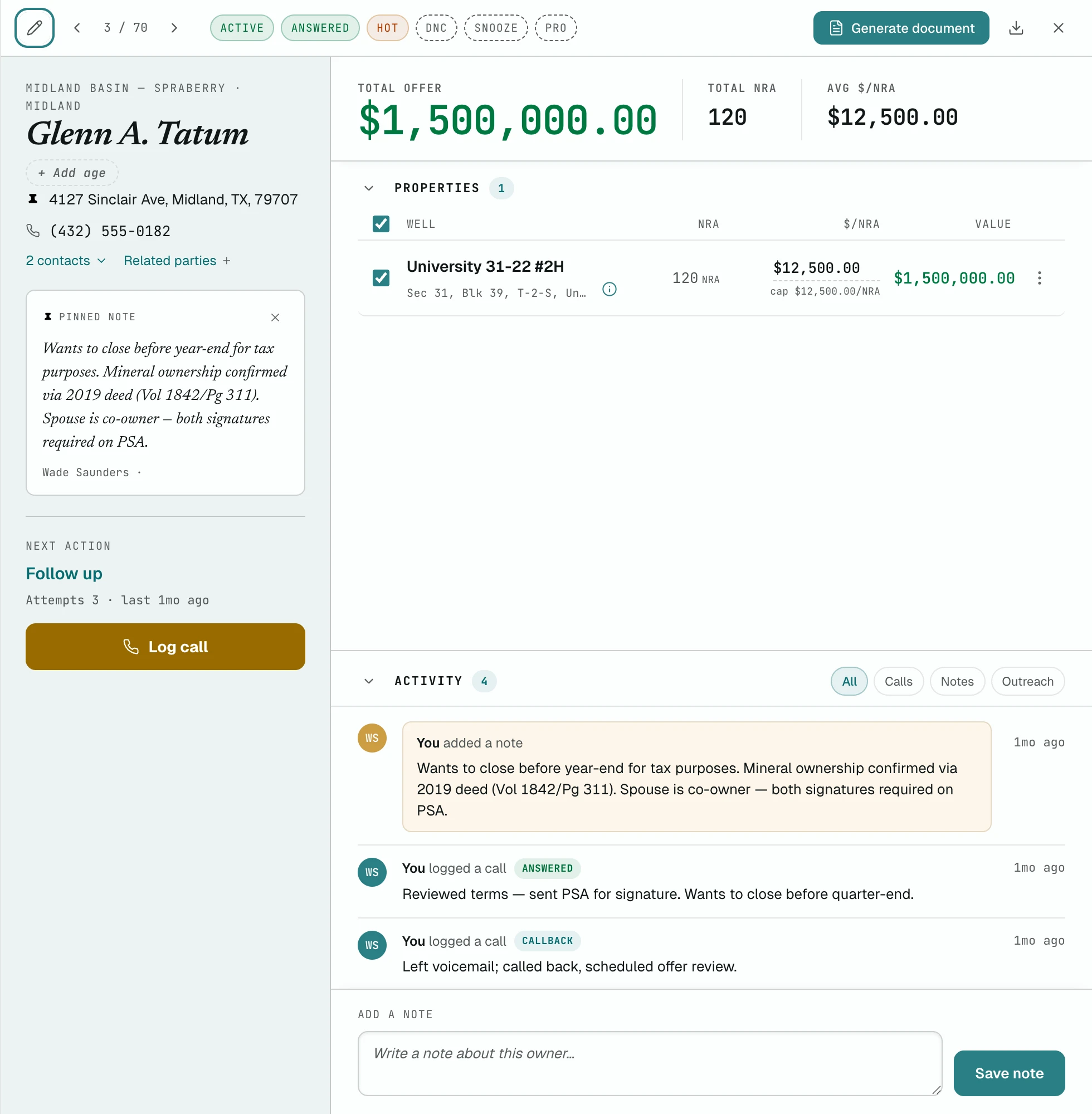 A Scout owner record, interest type, a pinned note, the live total offer, net royalty acres, the average $/NRA, and every logged call