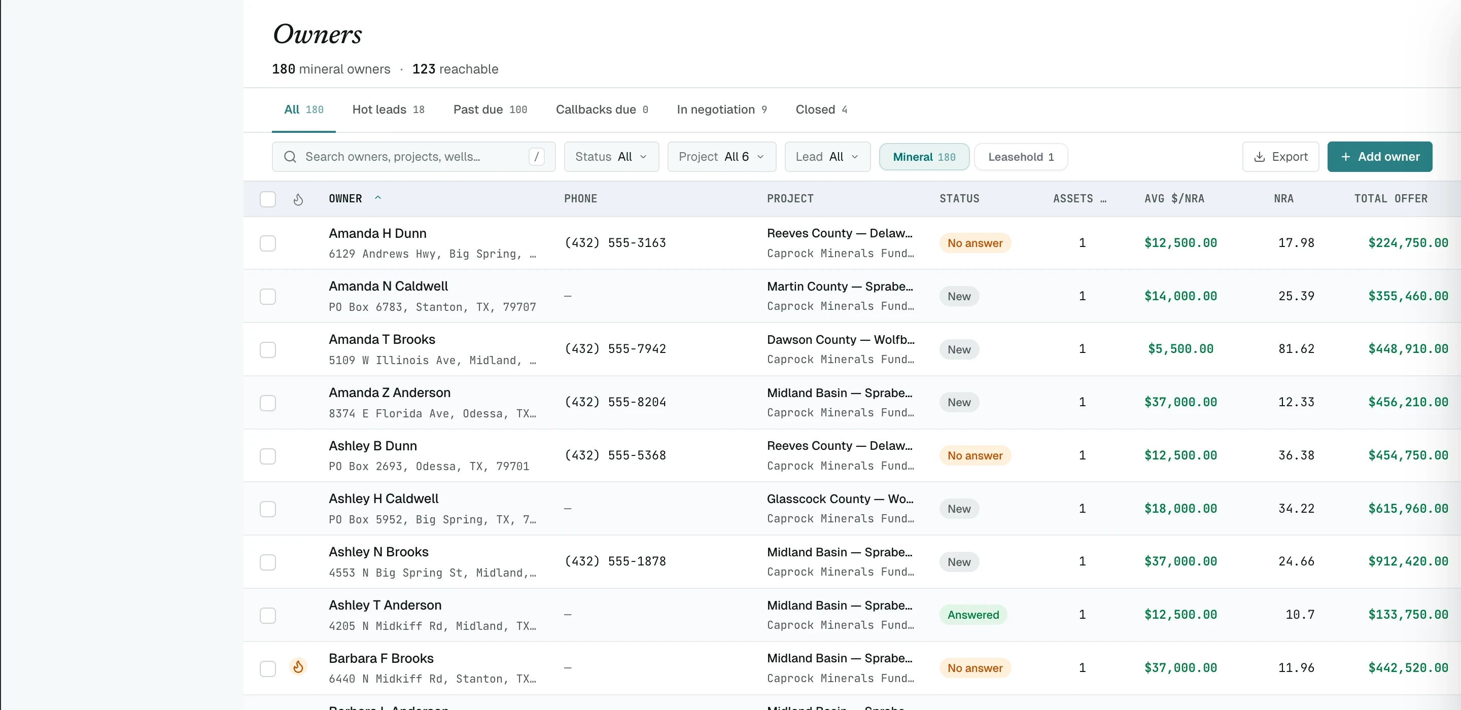 Scout owner book, a sortable table of owners with county, interest type, status, NRA, the average dollars per net royalty acre, and the total offer