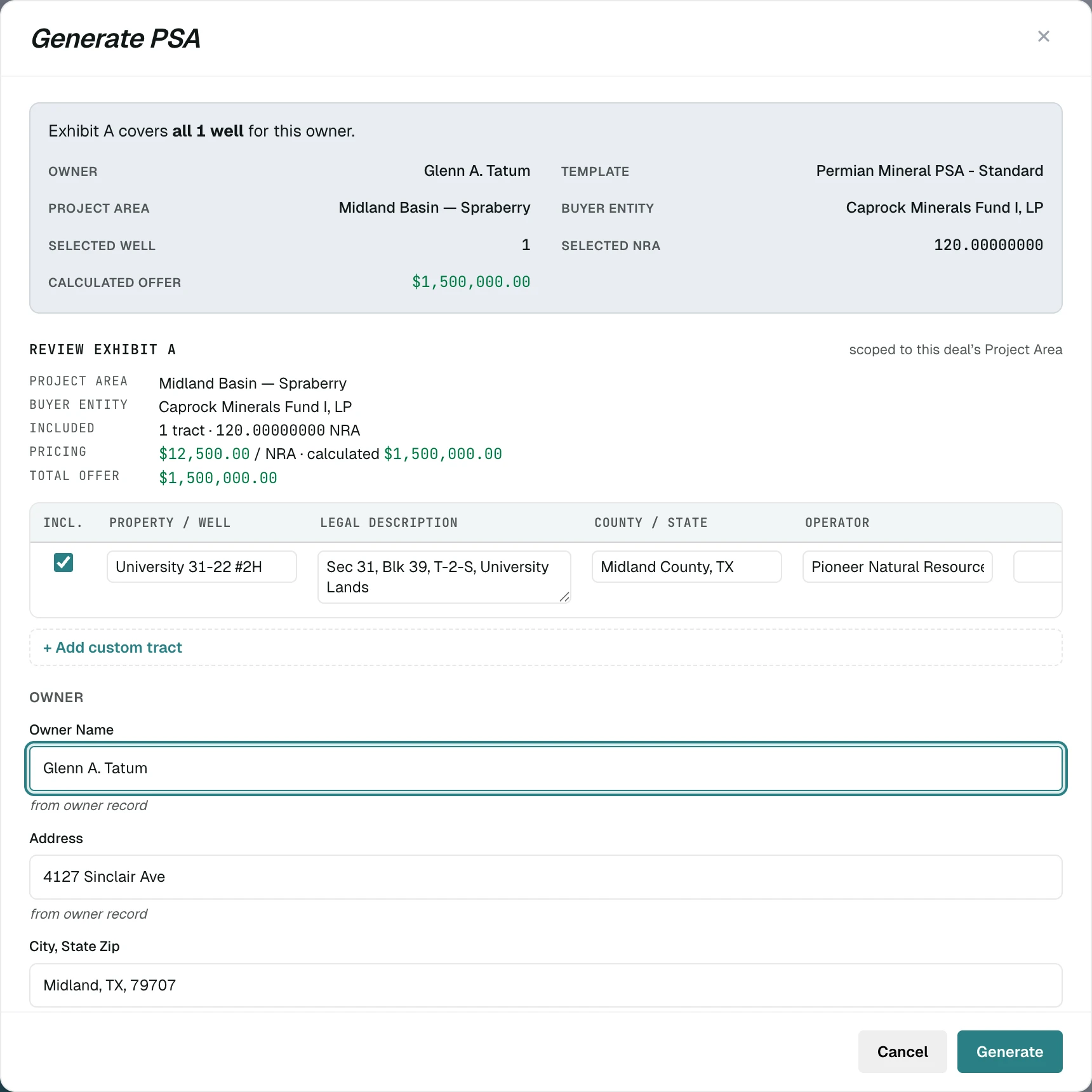 Scout's Generate PSA dialog with the Review Exhibit A block auto-filled from the deal: project area, buyer entity, pricing, and the total offer